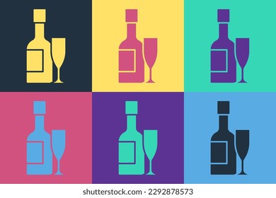 Pop art Champagne bottle and glass of champagne icon isolated on color background. Merry Christmas and Happy New Year.  Vector