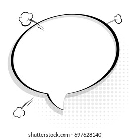 Pop art chat bubble in comics book style, blank layout template with halftone dots, comic speech bubble. Clouds beams and isolated dots pattern. Thoughts bubble in pop art comics style on white.