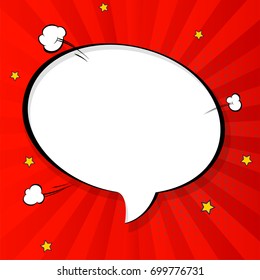 Pop art chat bubble in comics book style, blank layout template with halftone dots, comic speech. Clouds beams and isolated dots pattern. Thoughts bubble in pop art comics style on red.