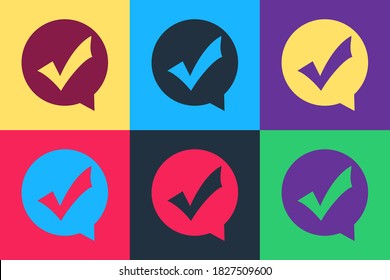 Dibujo emergente Marcar en icono de círculo aislado en fondo de color. Signo del botón de opción. Símbolo de marca de verificación. Icono de burbuja de voz. Vector.