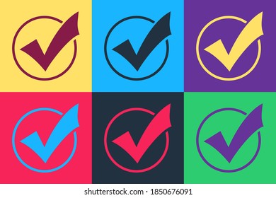Pop art Check mark in round icon isolated on color background. Check list button sign. Vector.