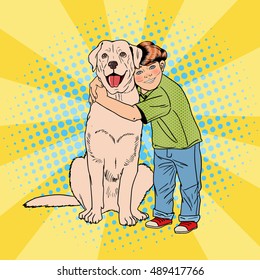 Pop Art Cheerful Boy Embracing Pet Dog. Vector illustration