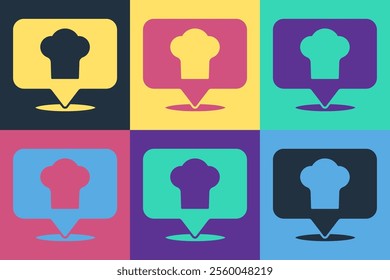 Pop art Chef hat with location icon isolated on color background. Cooking symbol. Cooks hat.  Vector