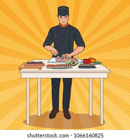 Pop Art Chef Making Sushi. Japanese Traditional Food Preparation Process. Vector illustration