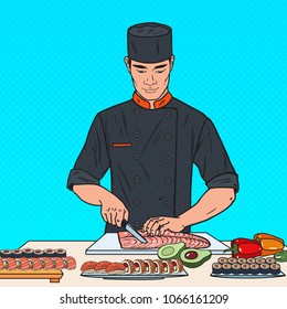 Pop Art Chef Preparing Sushi in Japanese Restaurant. Vector illustration