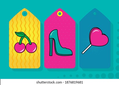 pop art cherry heel and heart candy in labels design of retro expression comic theme Vector illustration