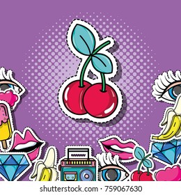 pop art cherry with patches background design