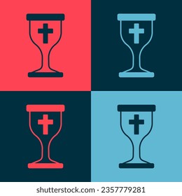 Icono de cáliz cristiano de arte pop aislado en fondo de color. Icono de la cristiandad. Feliz Pascua.  Vector