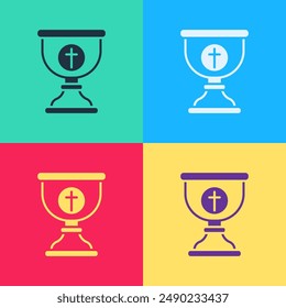 Pop art Christian chalice icon isolated on color background. Christianity icon. Happy Easter.  Vector Illustration