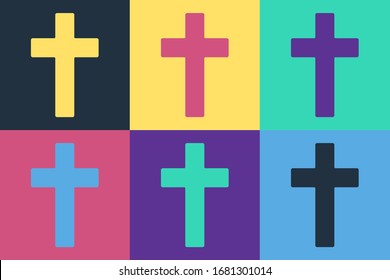 Pop art Christian cross icon isolated on color background. Church cross.  Vector Illustration