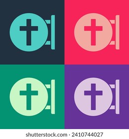 Pop art Christian cross icon isolated on color background. Church cross.  Vector