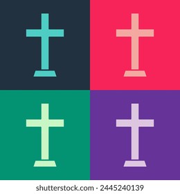 Pop art Christian cross icon isolated on color background. Church cross.  Vector