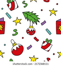 Pop art Christmas pattern with Christmas toys, stars, greeting card.