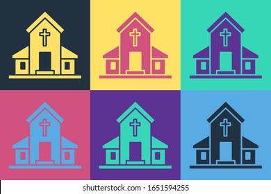 Pop art Church building icon isolated on color background. Christian Church. Religion of church.  Vector Illustration