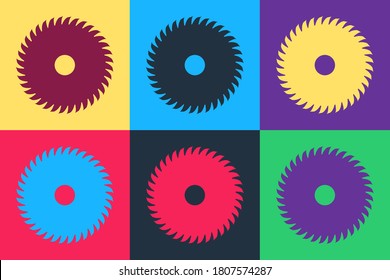 Pop art Circular saw blade icon isolated on color background. Saw wheel. Vector.