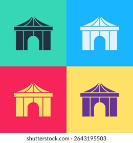 Pop art Circus tent icon isolated on color background. Carnival camping tent. Amusement park.  Vector