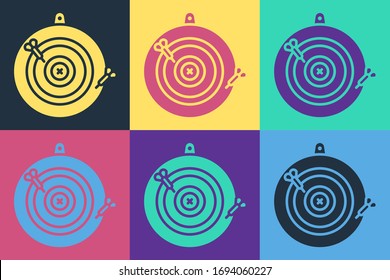 Pop art Classic dart board and arrow icon isolated on color background. Dartboard sign. Game concept.  Vector Illustration