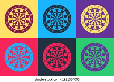 Pop art Classic darts board with twenty black and white sectors icon isolated on color background. Dart board sign. Dartboard sign. Game concept. Vector.