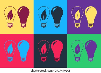 Pop art Classic Lamp and Light bulb with leaf inside icon isolated on color background. Lighting electric lamp. Green eco energy concept. Vector.