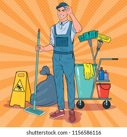 Pop Art Cleaner in Uniform with Mop. Cleaning Service Staff with Equipment. Vector illustration