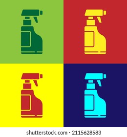 Pop art Cleaning spray bottle with detergent liquid icon isolated on color background.  Vector Illustration