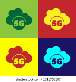 Pop Art Cloud 5G neue drahtlose Internet-WLAN-Verbindung Symbol einzeln auf Farbhintergrund. Globale Netzwerk-Hochgeschwindigkeits-Datenübertragungsdatentechnologie. Vektorgrafik.
