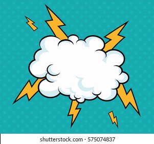 Pop Art Cloud With Lightning Design Blue Background