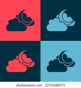 Pop art Cloud with moon icon isolated on color background. Cloudy night sign. Sleep dreams symbol. Night or bed time sign.  Vector