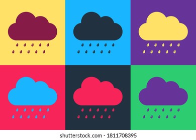 Pop art Cloud with rain icon isolated on color background. Rain nimbus cloud precipitation with rain drops. Vector.