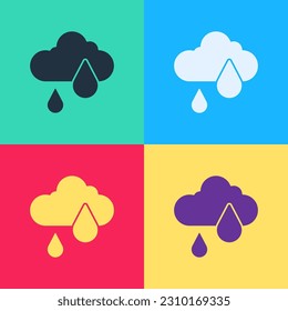 Pop art Cloud with rain icon isolated on color background. Rain cloud precipitation with rain drops.  Vector