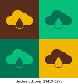 Pop art Cloud with rain icon isolated on color background. Rain cloud precipitation with rain drops.  Vector