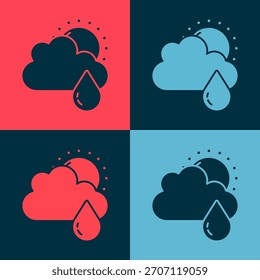 Nube del arte Pop con la lluvia y el icono del sol aislados en fondo del color. Precipitación de nubes de lluvia con gotas de lluvia.  Vector