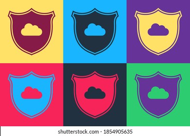 Pop art Cloud and shield icon isolated on color background. Cloud storage data protection. Security, safety, protection, privacy concept. Vector.