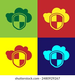 Pop art Cloud and shield icon isolated on color background. Cloud storage data protection. Security, safety, protection, privacy concept.  Vector Illustration