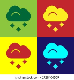 Pop art Cloud with snow icon isolated on color background. Cloud with snowflakes. Single weather icon. Snowing sign. Vector Illustration