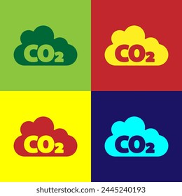 Pop art CO2 emissions in cloud icon isolated on color background. Carbon dioxide formula, smog pollution concept, environment concept.  Vector