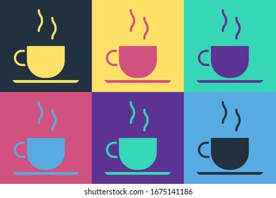 Pop art Coffee cup icon isolated on color background. Tea cup. Hot drink coffee.  Vector Illustration