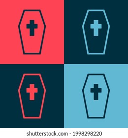 Pop art Coffin with christian cross icon isolated on color background. Happy Halloween party.  Vector