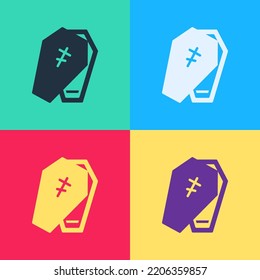 Pop art Coffin with christian cross icon isolated on color background. Happy Halloween party.  Vector