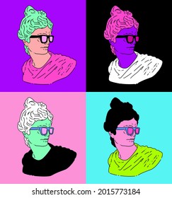 Pop art collage of Apollo Belvedere bust with sunglasses. Bright poster or cover design.