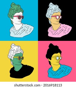 Pop art collage of Apollo Belvedere bust with sunglasses. Bright poster or cover design.
