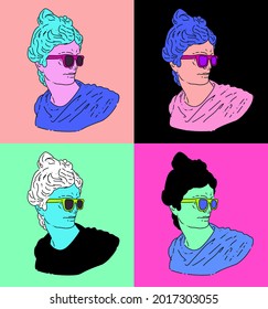 Pop art collage of Apollo Belvedere bust with sunglasses. Bright poster or cover design.