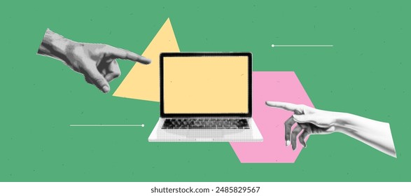 Pop art collage banner with two hand are touching a laptop mockup with empty yellow screen. Teamwork concept. Send and trust. Halftone element on green abstract geometric bg. Bright and bold vector. 