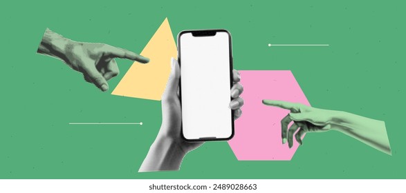 Pop art collage banner with two hand are touching a phone mockup with empty screen. Teamwork  app development concept. Send and trust. Halftone element on green abstract geometric bg. Bright and bold