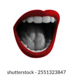 Pop art collage element of open red lips with scream. Halftone screaming female mouth.Vector illustration