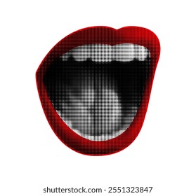 Pop art collage element of open red lips with scream. Halftone screaming female mouth.Vector illustration