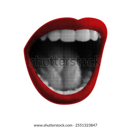 Pop art collage element of open red lips with scream. Halftone screaming female mouth.Vector illustration