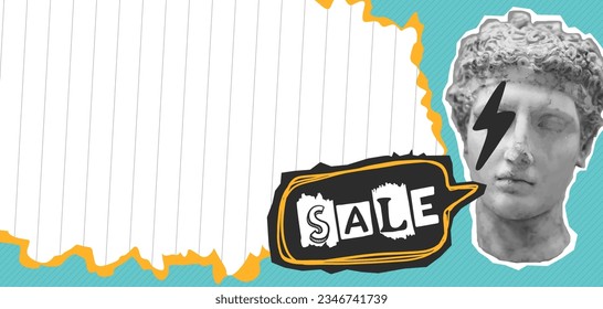 Pop art collage with greece modern face announcing crazy promotions. Retro pop collage composition with torn paper, doodle elements. Discounts vector grunge banner design with space for text 
