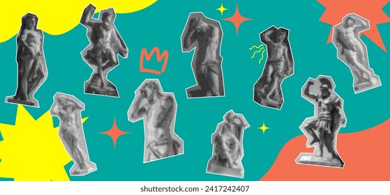 Montaje de arte pop conjunto con estatua de una tonta pose de grecia. Efecto de medio tono de vector psicodélico retro pop con estatuas graciosas de la diosa y dios mítico. Grunge la antigua escultura surrealista