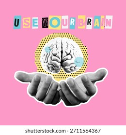 Collage de arte Pop del cerebro humano sostenido por las manos con divertidas letras recortadas y Elementos de medio tono sobre fondo rosa, que simbolizan la creatividad, la inteligencia y el poder mental.